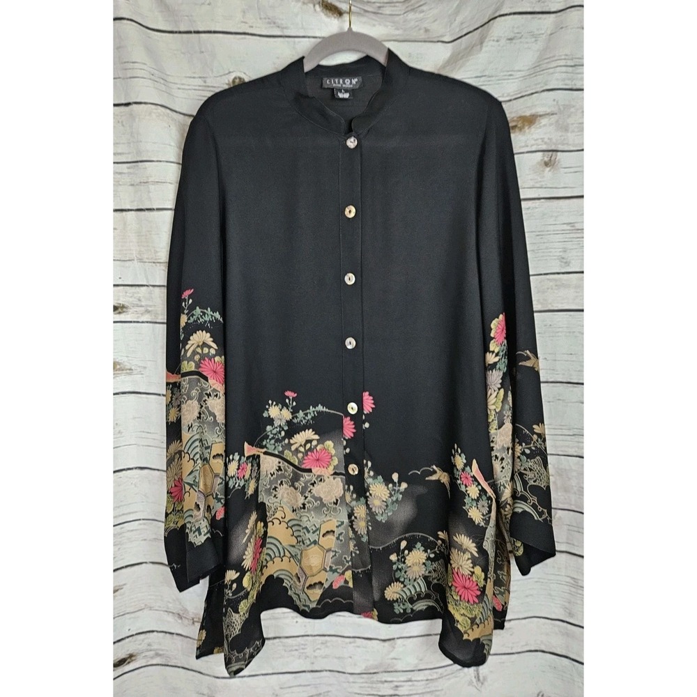 Citron Santa Monica Asian Floral Tunic Top L 100% Silk Black Kimono Button